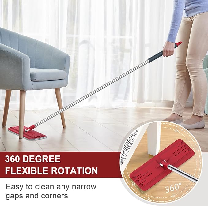 Hands-Free Mop and Bucket Set with 3 Washable Pads, Wet/Dry Floor Cleaning System, Red/Black