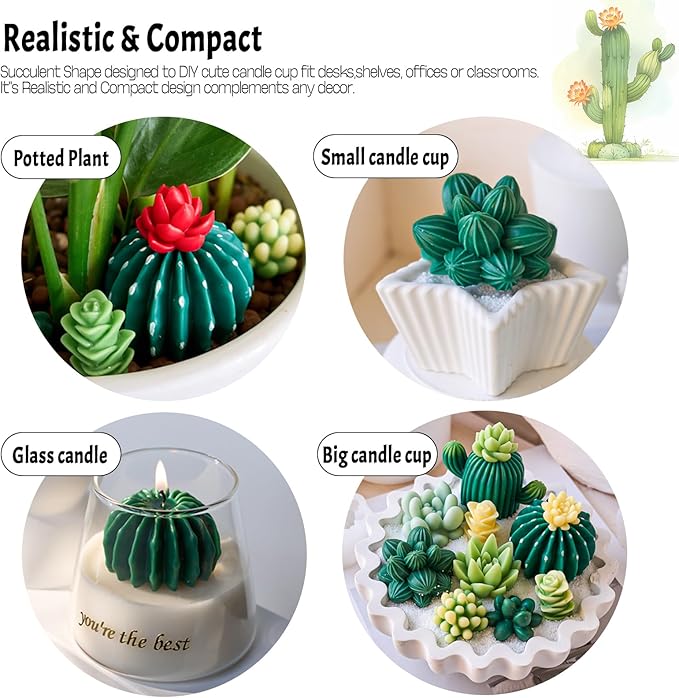 Succulent Wax Molds for Candle Making 10 Pack 3D Cacti Silicone Candle Mold Handmade Cactus Flower Plant Decorate Cement Resin Casting Soap Ornament Craft Mold Chocolate Cake Fondant Moulds Home Decor