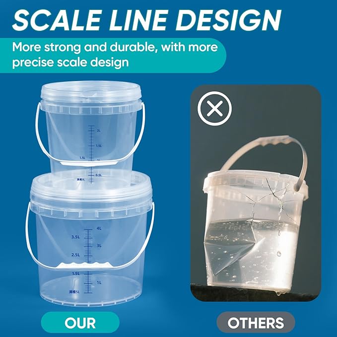 ASEVAT 32oz 2 Pack Clear Bucket Graduated Pail Container with Lid, Food Grade Buckets, Cleaning Containers Plastic Pails Extra Durable Handles with Grip for Easy Carrying