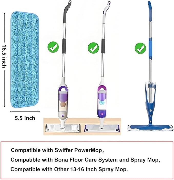 10 Pcs Reusable Mop Pads,16.5 Inch Microfiber Wet Dry Floor Clean Mop Pad Refill Compatible with Swiffer PowerMop Bona Mop & Other 13-16 Inch Spray Mop