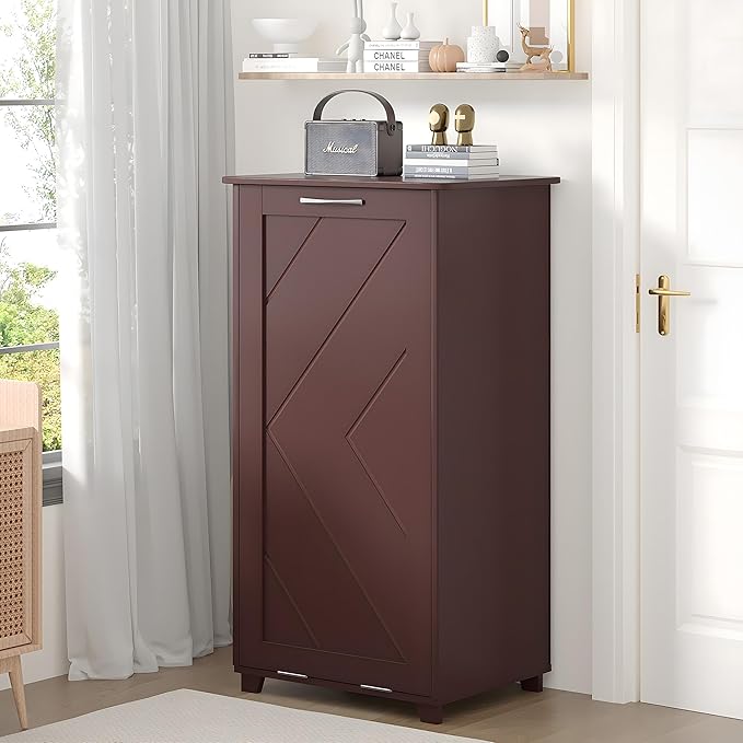 VECELO Tilt Out Kitchen Trash Bin Cabinet, Dog Proof Garbage Can with Wood Holder Free Standing Recycling, Brown