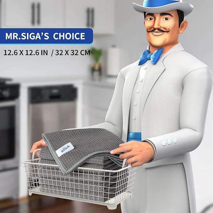 MR.SIGA Waffle Pattern Cleaning Cloths, Reusable Absorbent Microfiber Cleaning Cloths, Lint Free Microfiber Kitchen Towels, 6 Pack, Gray, 12.6 x 12.6 inch