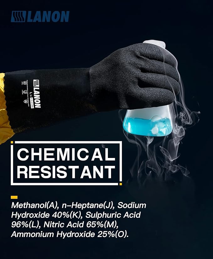 LANON Nitrile Chemical Resistant Gloves, Reusable Heavy-Duty Rubber Gloves with MicroFoam Textured Palm, Acid, Alkali and Oil Protection, Black, Large