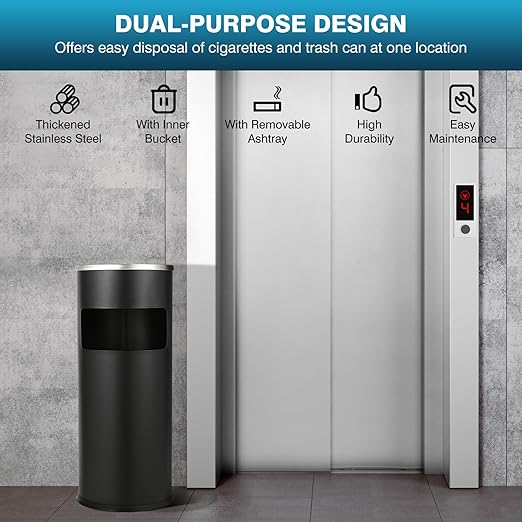 IRONWALLS Outdoor/Indoor Trash Can with Lid, Black Stainless Steel Garbage Can Waste Bin Receptacle Container, Commercial Trash Can Round with Removable Tray & Inner Bucket for Office, Patio, Home