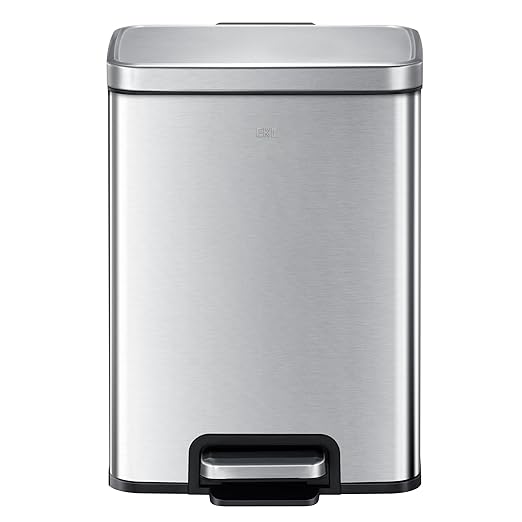 EKO Madison 12L / 3.2 Gal Bathroom Trash Can with Lid and Removable Inner Basket, Rectangular Small Step Trash Can, Brushed Stainless Steel