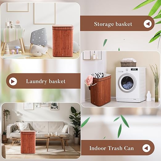 2 Pack Bamboo Slim Trash Can with Lid, 21 Gallon Large Rectangular Trash Bin, Foldable Slim Garbage Can Bamboo Waste Basket for Bathroom Bedroom Office Home Salon Spa (Brown)