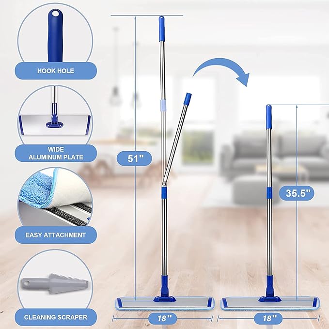 18" Professional Microfiber Mop Floor Cleaning mop, Flat Mop with Stainless Steel Handle,4 Reusable Washable Mop Pads and mop Pads Brush,Microfiber Mop for Hardwood (18" Microfiber Mop)