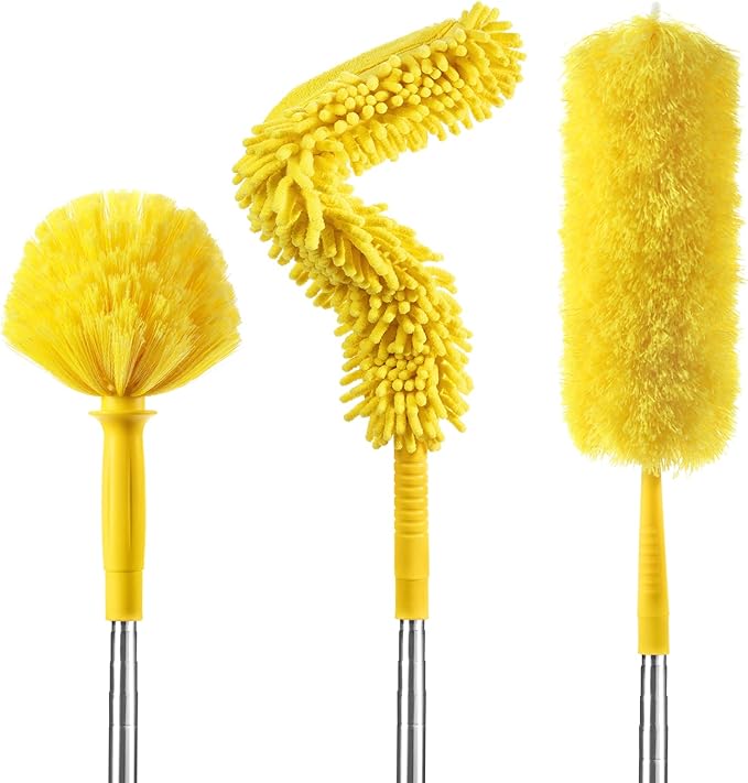 17 Foot High Reach Duster Kit with 2-to-9 Foot Extension Pole, Newliton 3-in-1 High Ceiling Chenille Duster, Microfiber Duster, Cobweb Duster, Indoor & Outdoor Extendable Bendable Duster Cleaning Set
