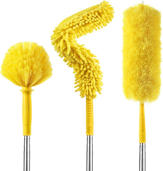 17 Foot High Reach Duster Kit with 2-to-9 Foot Extension Pole, Newliton 3-in-1 High Ceiling Chenille Duster, Microfiber Duster, Cobweb Duster, Indoor & Outdoor Extendable Bendable Duster Cleaning Set