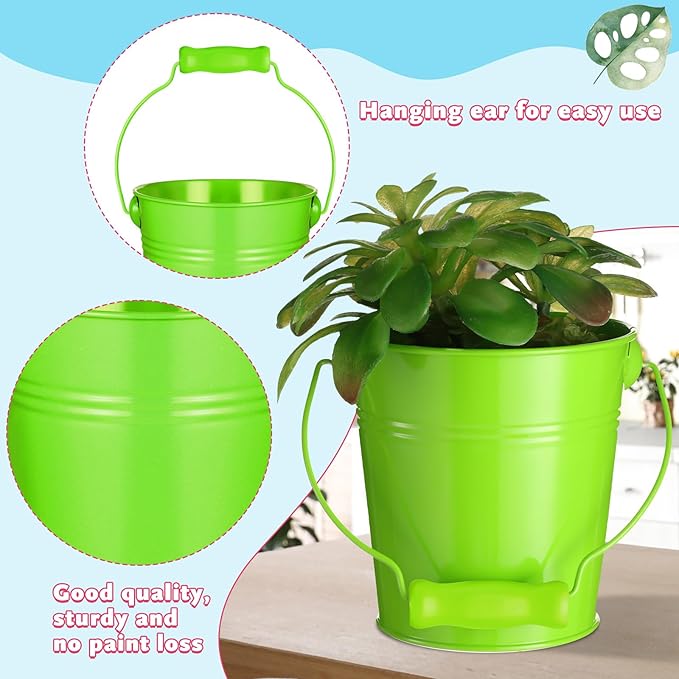 Therwen 24 Pieces Small Metal Buckets Colored Galvanized Bucket Round Metal Pail for Kids Classroom Candy Crafts,Utensils, Vase Party Favor(Wood Handle,4.13 Inch)