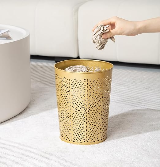 Small Gold Metal Trash Can Wastebasket, Decorative Hollow-Out Garbage Can Waste Paper Bin, Modern Farmhouse Round Trash Bin for Bathroom, Bedroom, Kitchen and Office (Floral)