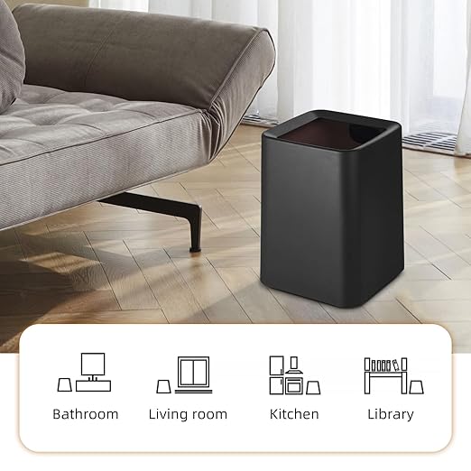 2 Pack Square Modern Trash Can Bedroom, 3Gal/12L Bathroom Trash Can Hidden Bag, Open Top Trash Bin Square Plastic, Minimalist Black Garbage Can with Inner Bucket (with 2 Handles) for Kitchen Office