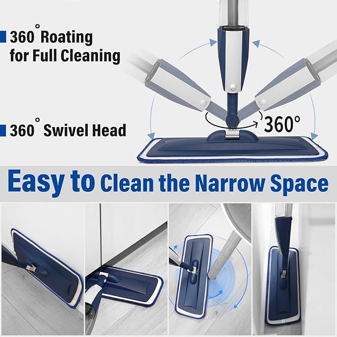 Spray Mops for Floor Cleaning Floor Mop with a Refillable Spray Bottle and 3 Washable Microfiber Pads Home or Commercial Use Dry Wet Flat Mop for Hardwood Laminate Wood (Dark Blue)
