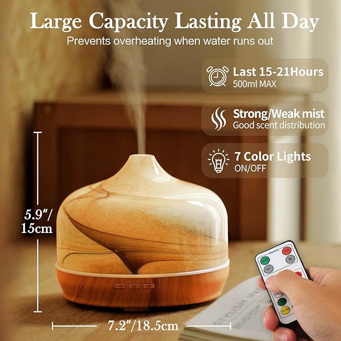 Porseme 500ml Essential Oil Diffuser, Aroma Ultrasonic Humidifier with Remote Control, BPA Free, Auto Shut-Off, Timer Setting for Large Room Sleeping Yoga