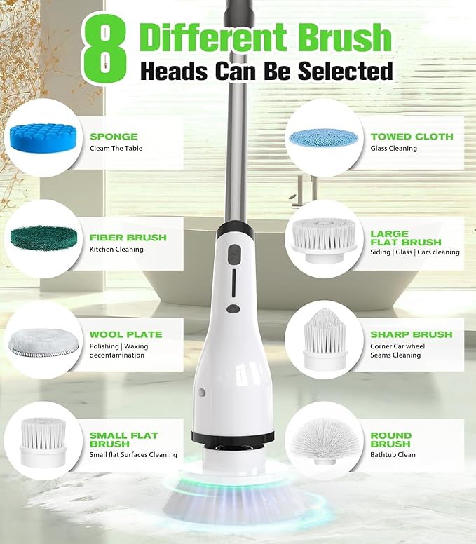 Electric Spin Scrubber for Cleaning, Cordless IPX5 Waterproof Bathroom Shower Scrubber Brushes with 9 Head, 1.5H Power Dual Speed Cleaner with Extendable Handles for Bathtub Floor Kitchen Wall