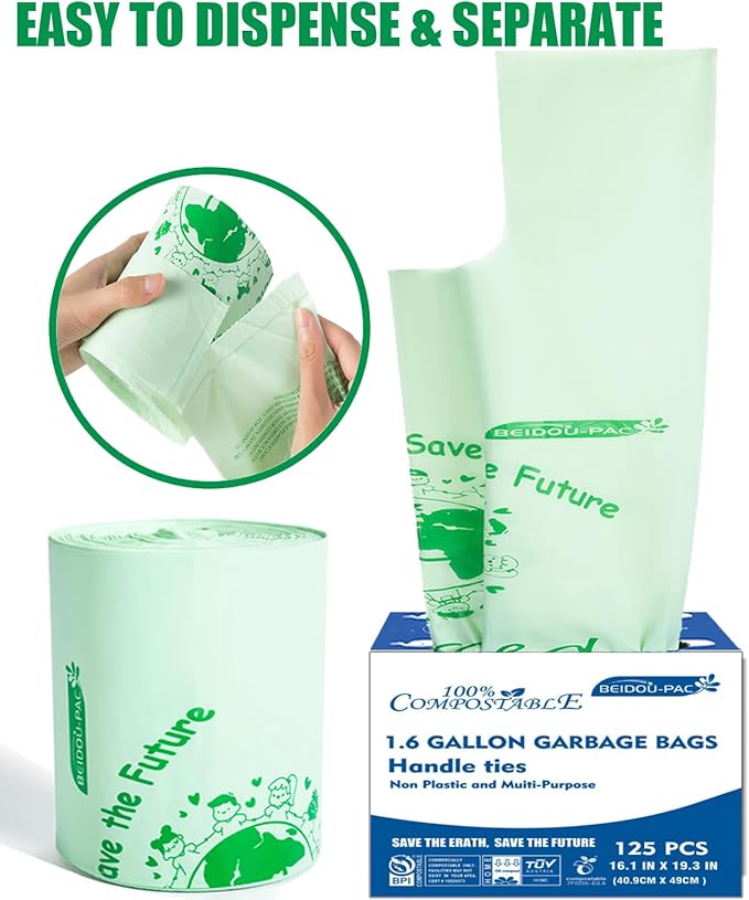 1.6 Gallon Compostable Trash Bags with Handle, 250 Count Small Compost Bags, Biodegradable Kitchen Garbage Bags, Food Scrap Waste Bags for Countertop Bin, ASTM D6400, US BPI Certified