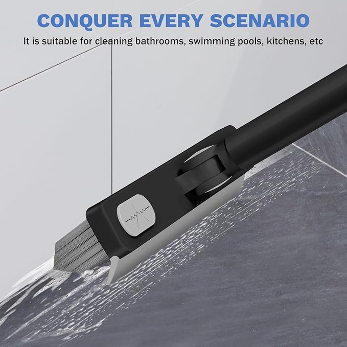 SetSail Grout Cleaner Brush with Long Handle, V-Shaped Floor Scrub Brush Swivel Grout Brush Stiff Bristle Floor Grout Scrubber for Bathroom, Tile Line, Crevice, Kitchen, Wall, Deck, Garage, Black Grey