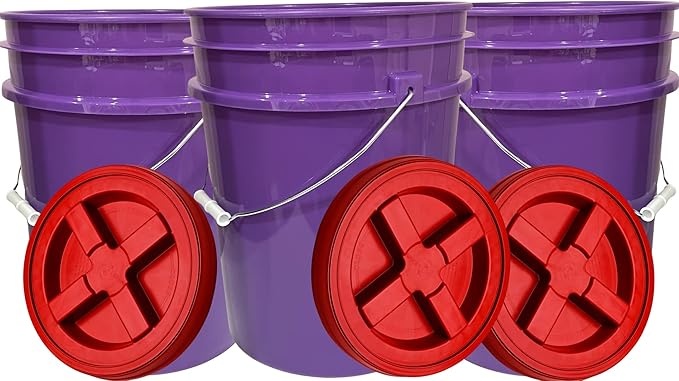 House Naturals 5 Gallon Purple Food Grade BPA Free, Made in USA Plastic Bucket with Screw On Airtight lid, (Pack of 3) (Purple Buckets with Scarlet Red lids)