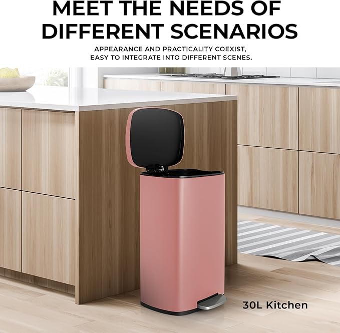 8 Gal Kitchen Trash Can, 30L Recycling or Garbage Bin, Brushed Stainless Steel Waste Basket, Soft&Quiet Close Dustbin, with Step-On Pedal, Removable Inner Bucket, for Home, Office, Living Room