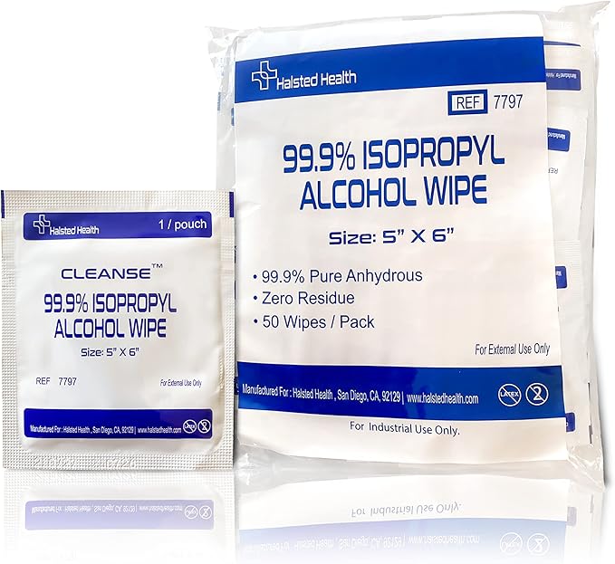 Cleanse 99.9% Isopropyl Alcohol Handy Wipes, 50 Counts Lint Free Non-Abrasive No Water Residue Ideal for Electronics, Household, Work Equipment Safe for Tech Cleaning & Screens (6 x 5 inches)
