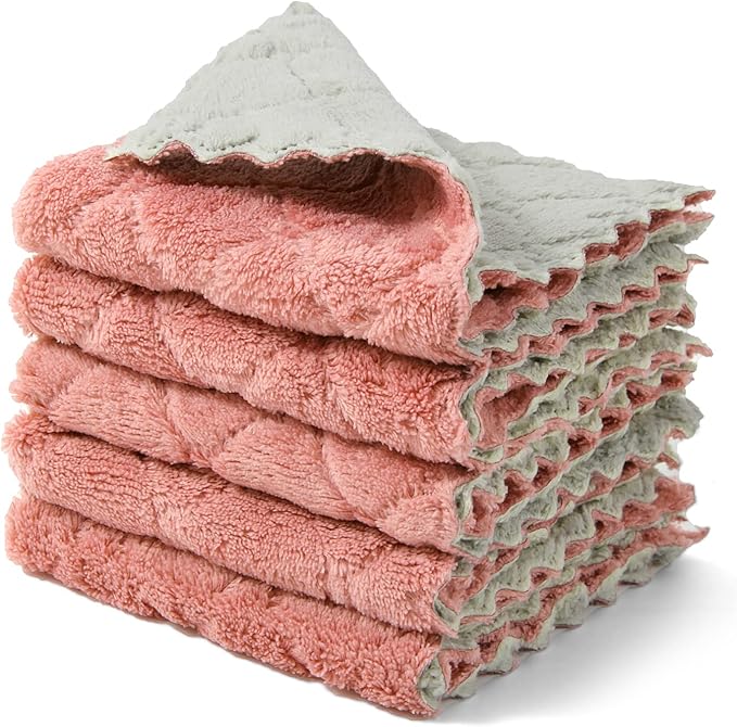 Cleaning Cloths Kitchen Towels Microfiber Washcloths Lint Free Dish Cloth Reusable Dishtowels Household Super Absorbent Fast Drying, 10"x10", Pack of 5 (Pink-Grey)