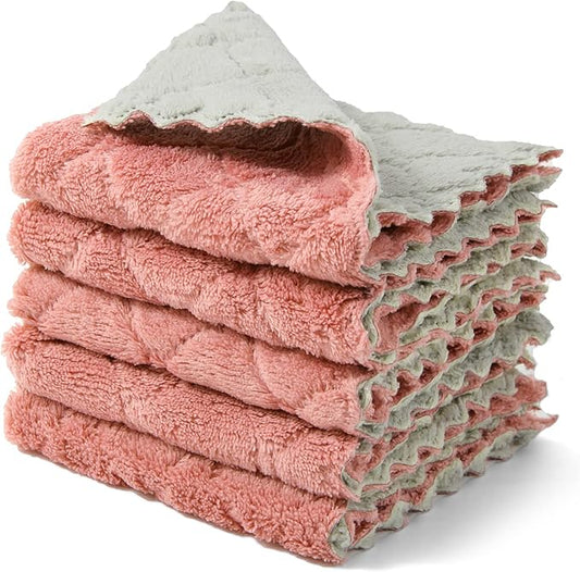 Cleaning Cloths Kitchen Towels Microfiber Washcloths Lint Free Dish Cloth Reusable Dishtowels Household Super Absorbent Fast Drying, 10"x10", Pack of 5 (Pink-Grey)