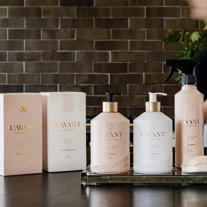 L'AVANT Collective Luxury Home Essentials Bundle High Performing Dish Soap, Hand Soap, Multipurpose Cleaner Spray, Scrub Brush, Lucite Tray Luxurious Ingredients Reusable Bottles (Blushed Bergamot)