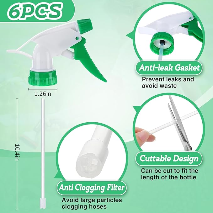 6Pcs Spray Bottle Replacement Nozzle- Reusable Quality Trigger Spray Nozzles with Mist Stream Sprayer, Fit Standard 28/400 Neck 32oz, 16oz, 8oz Bottles for Garden Home Kitchen Office Gifts, Green