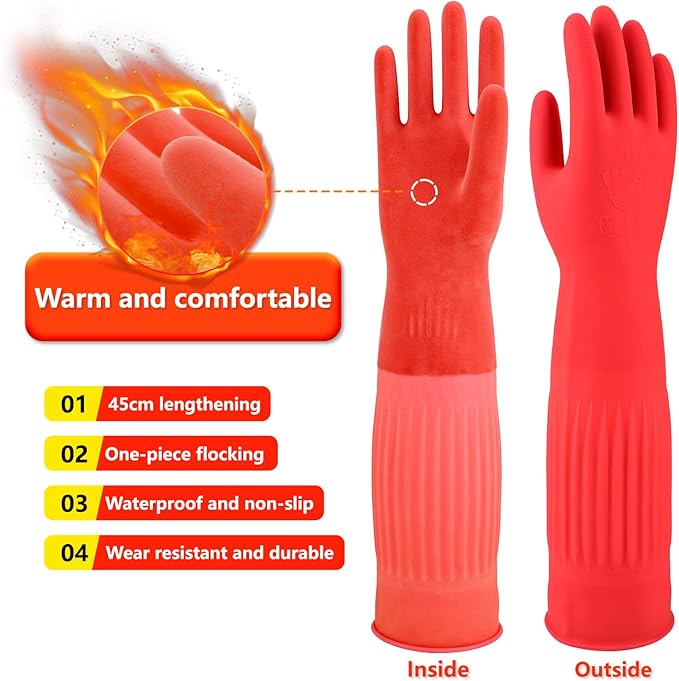 North Tower Rubber Gloves Kitchen Cleaning For Washing Dishing Kithchen, warmming Heat Resistant Dishwashing Gloves,18",2 Pairs Small