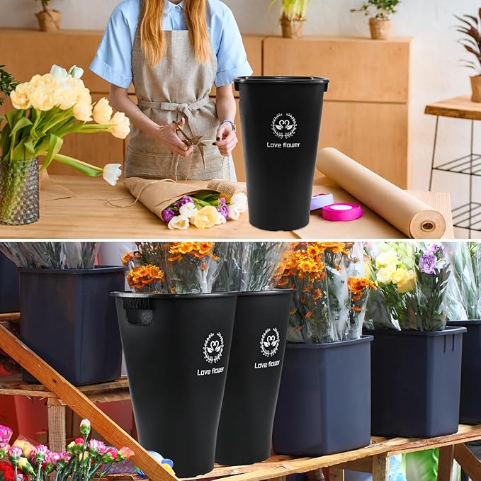 Fiaze 19.92 Inch Tall Flower Bucket Sets with Cutout Handles, 4 Pack Large Plastic Floral Bucket Vase for Home Wedding Decorations, Black