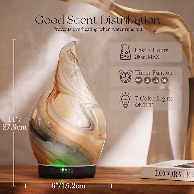 Porseme 280ml Essential Oil Diffuser Glass Color Changing Aroma Air Diffusers Aromatherapy Ultrasonic Cool Mist Humidifier 7 Running Hours Waterless Auto-Off for Sleeping, Yoga, Spa (Jupiter)