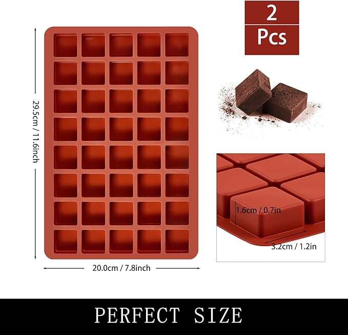 Mini Square Silicone Molds, 2 Pack 40-Cavity Caramel Candy Gummy Molds for Chocolate Mini Ice Cube Jelly Truffles