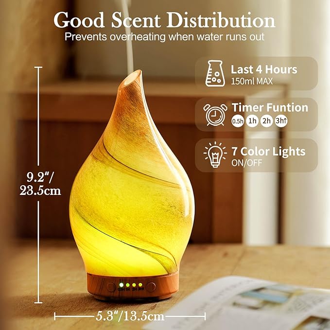 Porseme 150ml Essential Oil Diffuser Glass Color Changing Aroma Air Diffusers Aromatherapy Ultrasonic Cool Mist Humidifier 6 Running Hours Waterless Auto-Off for Sleeping, Yoga, Office, Spa (Desert)