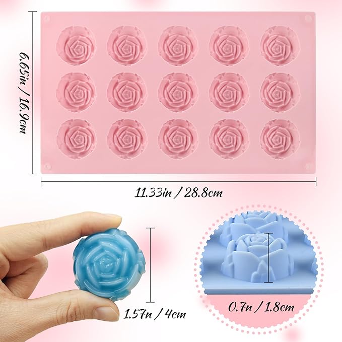 2PCS Flower Molds Silicone, 15-Cavities Small Rose Flower Silicone Molds, Non-Stick Rose Shape Valentine's Day Mold for Jelly Mini Soap Cake Mousse Ice Cream Tray Baking Molds