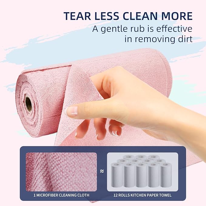 Microfiber Cleaning Cloth Roll - 70 Pack, Tear Away Microfiber Towels, 12" x 12", Reusable, Washable, Streak Free, Ultra Absorbent Dish Rags for Car, Home, Garage or Shop (Grey and Pink)