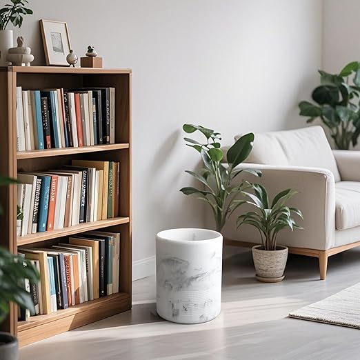 Modern Resin Trash Can Bin, Wastebasket for Bathroom, Kitchen, Office, Home, Marble White