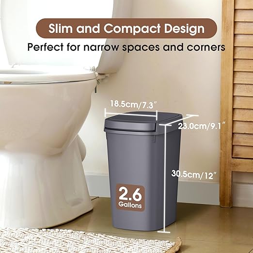 CEROELDA 3 Pack Bathroom Trash Can with Lid, 10L/2.6 Gal Small Garbage Can with Press Top Lid, Slim Plastic Waste Basket for Toilet, Office, Bedroom (Grey, 3 Pack)