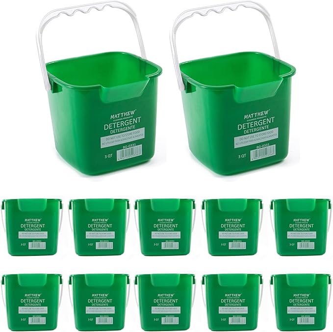 Matthew Detergent&Sanitizing Cleaning Bucket 3 Quart Plastic Pail,Set of 12 Square Containers,Built-in Spout w/Handle,Wash Rinse Sanitize Handwash Bucket for Home Office Commercial Restaurant (Green)