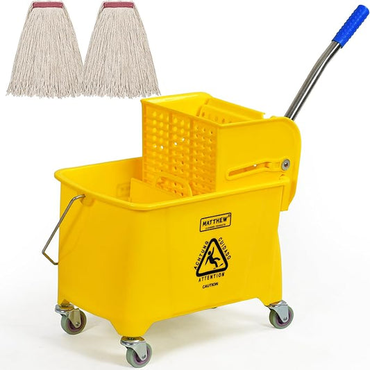 Matthew Cleaning 22 Quart Compact Mop Bucket INCL.2 Pack Mop Head with Side Press Wringer On Wheels,Tandem Portable Floor Cleaning Wavebrake,Ideal for Household,Industrial,Restaurant,Janitorial Use