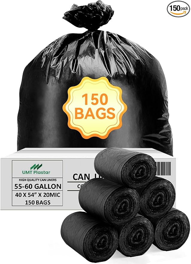 150 Count Heavy Duty Black Trash Bags, 55-60 Gallon, 40x54 Inches, 20 Micron Thick Large Garbage Bags