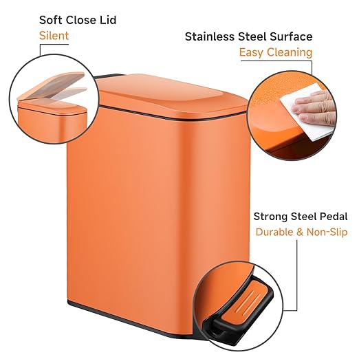 TIPGO Small Bathroom Trash Can with Lid Soft Close, 6 Liter / 1.6 Gallon Stainless Steel Garbage Can with Removable Inner Bucket, Step Pedal, Slim Trash Cans for Bedroom, Office, Kitchen (Orange)