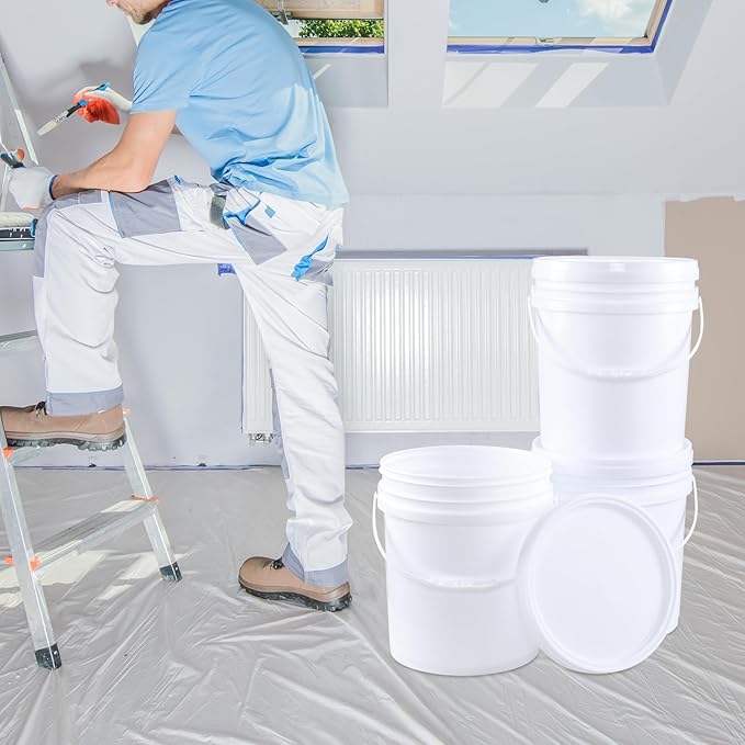 7 Gallon Bucket, Heavy Duty Plastic Bucket with Comfortable Handle, White Bucket & Lid, Pack of 4