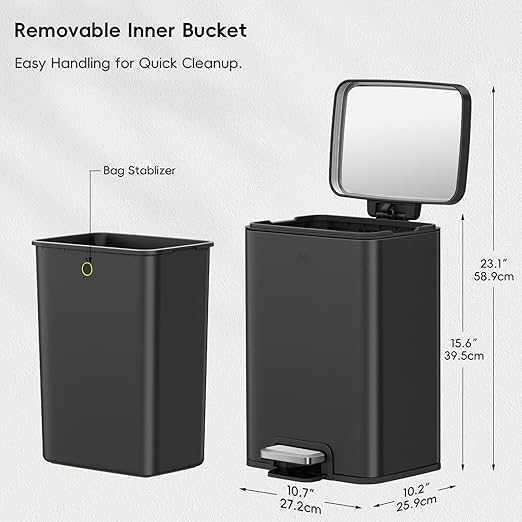 EKO Madison Matte Black 12L / 3.2 Gal Bathroom Trash Can with Lid and Removable Inner Basket, Rectangular Small Step Trash Can