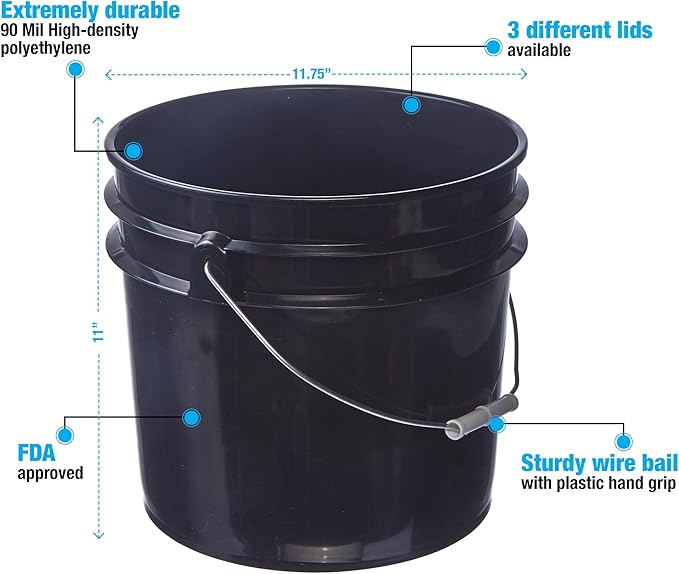 Consolidated Plastics 3.5 Gallon Black Food Grade Buckets + 6 Gamma Seal Lids, BPA Free Container Storage, Durable HDPE Pails, Made in USA (6 Pack)