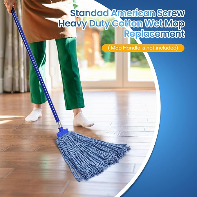 Matthew Cleaning Screw-on Heavy Duty Cotton Wet Mop Replacement Heads(Blue, Medium,12 Pack) with 2 Pack Microfiber Cloth for Residential & Commercial Floor Cleaning Use- Fit Standard American Screw