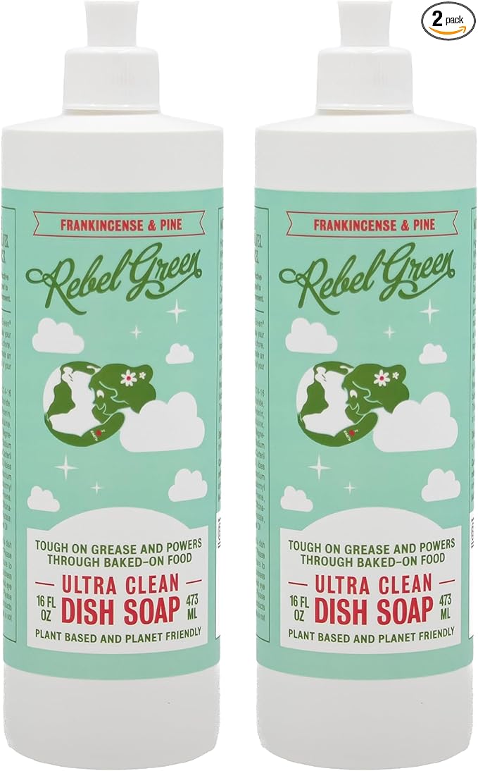 Rebel Green Super Deluxe Dish Soap - Natural Dishwashing Soap - Liquid Dish Detergent - Sustainable Dish Liquid Scented with Frankincense & Pine - (16 oz Bottles, 2 Pack)
