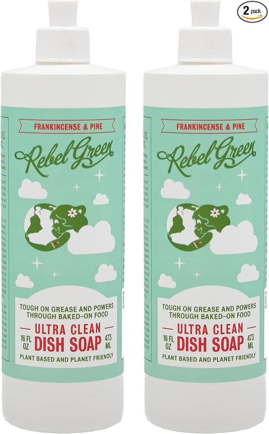Rebel Green Super Deluxe Dish Soap - Natural Dishwashing Soap - Liquid Dish Detergent - Sustainable Dish Liquid Scented with Frankincense & Pine - (16 oz Bottles, 2 Pack)