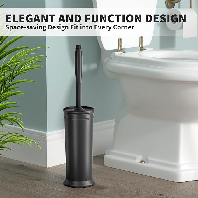 UPTRONIC Toilet Brush, Toilet Bowl Brush with Extra Long Handle Durable Bristles Toilet Scrubber and Covered Holder for Toilet Brush Set for Bathroom Cleaning (Black, 1 Set)