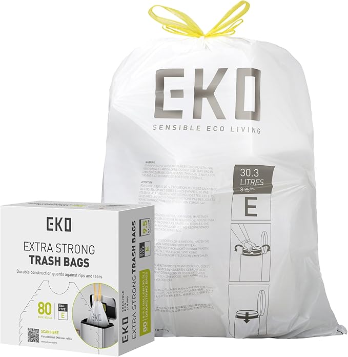 EKO Easy-Dispense Roll 80 Count Extra-Strong Drawstring Tall Kitchen Trash Bag, 8-9.5 Gallon Trash Bag (30.3L-36L) 1 Pack White, Code E