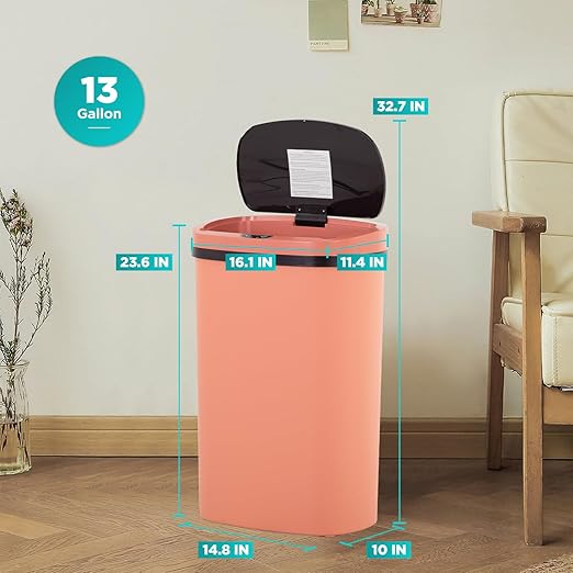 BestOffice | 13 Gallon Plastic Trash Can with Lid | Pink | Automatic Touchless Garbage Can | Odor Control | Modern Oval Design | Easy to Clean | Fits Any Kitchen, Bathroom, Office or Home